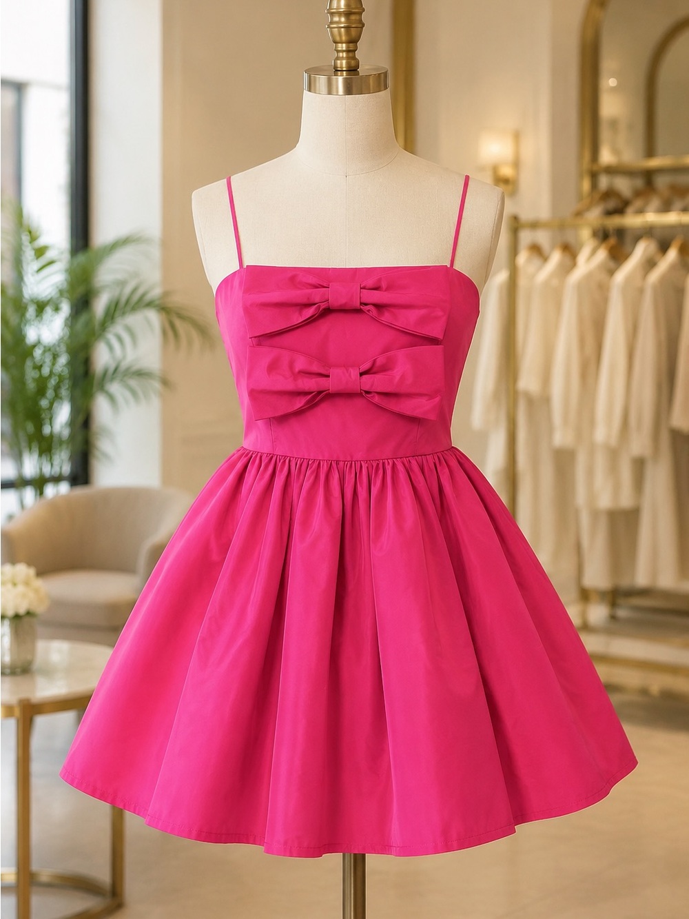 Fuchsia Bow-Front Spaghetti-Strap Mini Dress